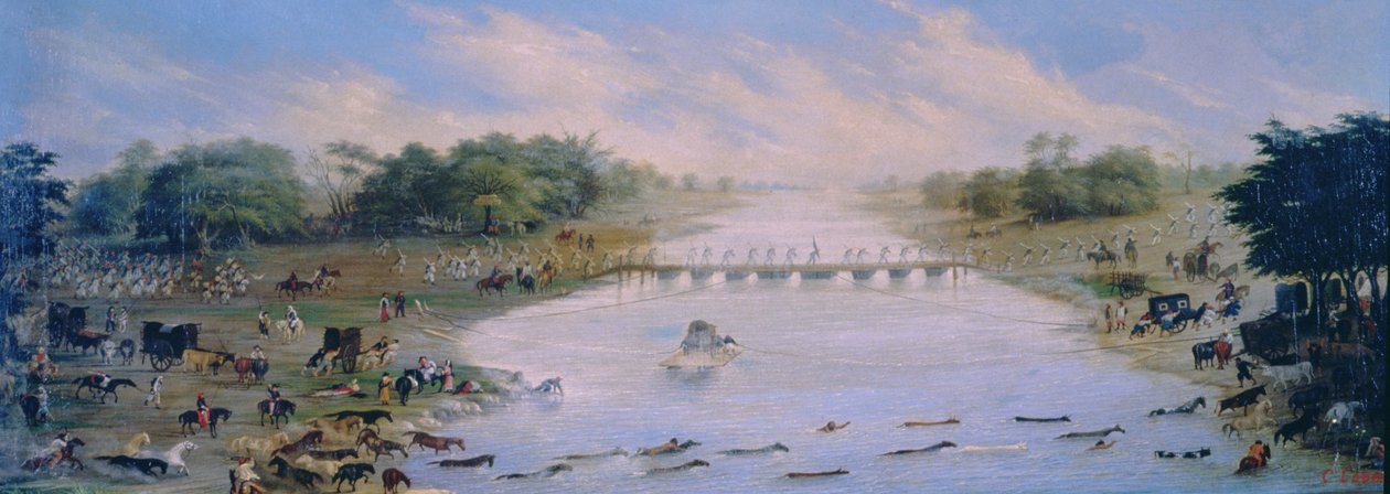 Oversteek van de Riachuelo-rivier, Buenos Aires, Argentinië door Candido Lopez