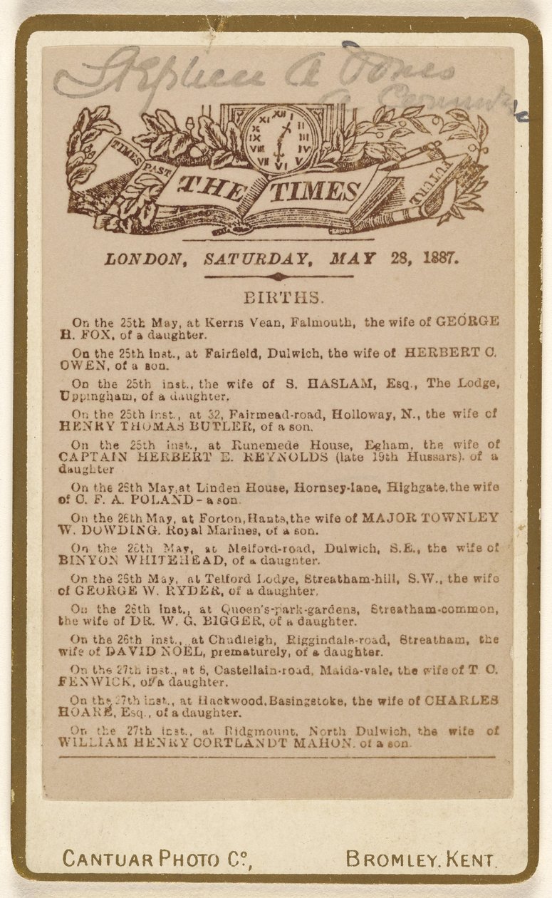 [Geboorteaankondiging pagina uit "The Times," Londen, zaterdag, 28 mei 1887]. door Cantuar Photographic Company