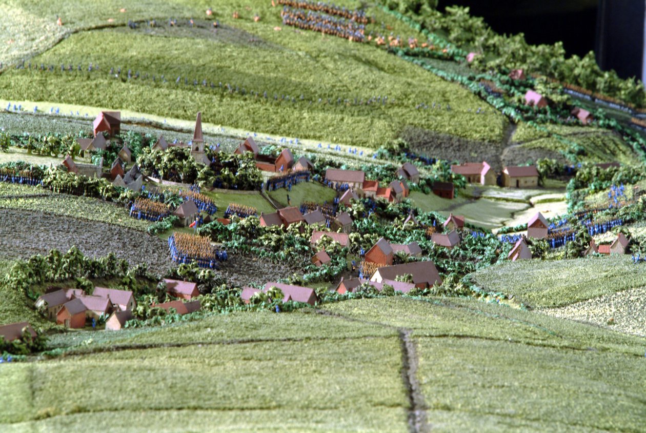 Diorama van de Slag bij Waterloo met troepen gepositioneerd om 19.45 uur op 18 juni 1815 (detail) door Capt. William Siborne