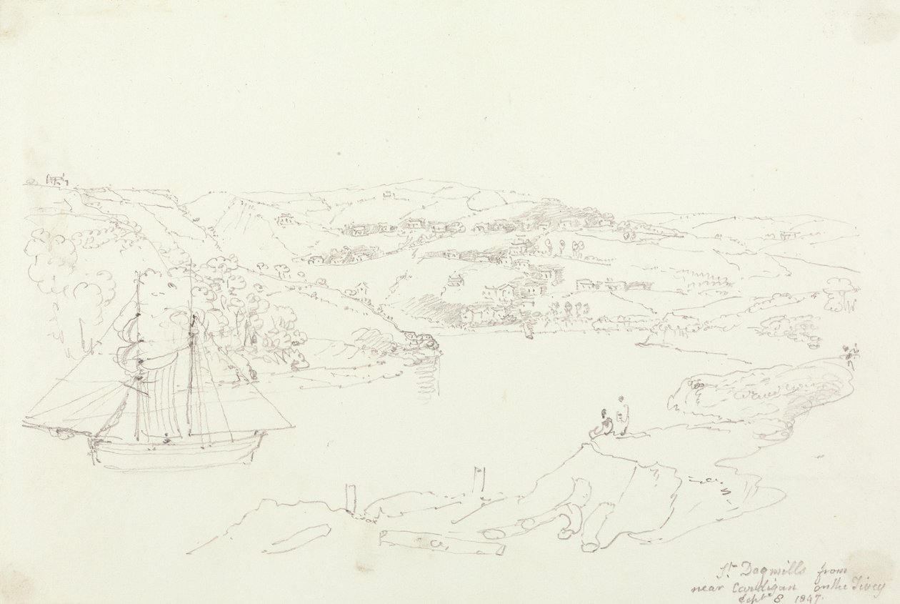 Saint Dogmaels vanuit Cardigan aan de Teifi, 8 september 1847 door Capt. Thomas Hastings