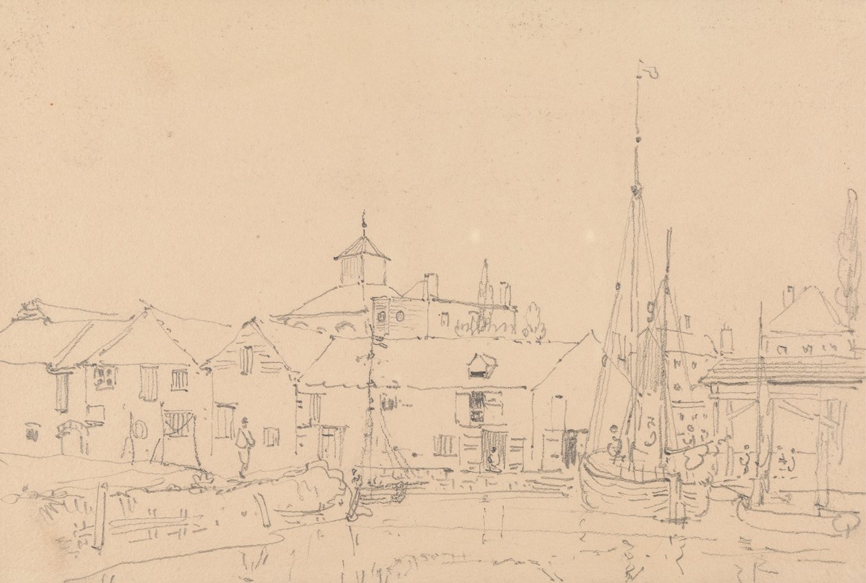 Schets van zeilboten aangemeerd naast een dorp door Capt. Thomas Hastings
