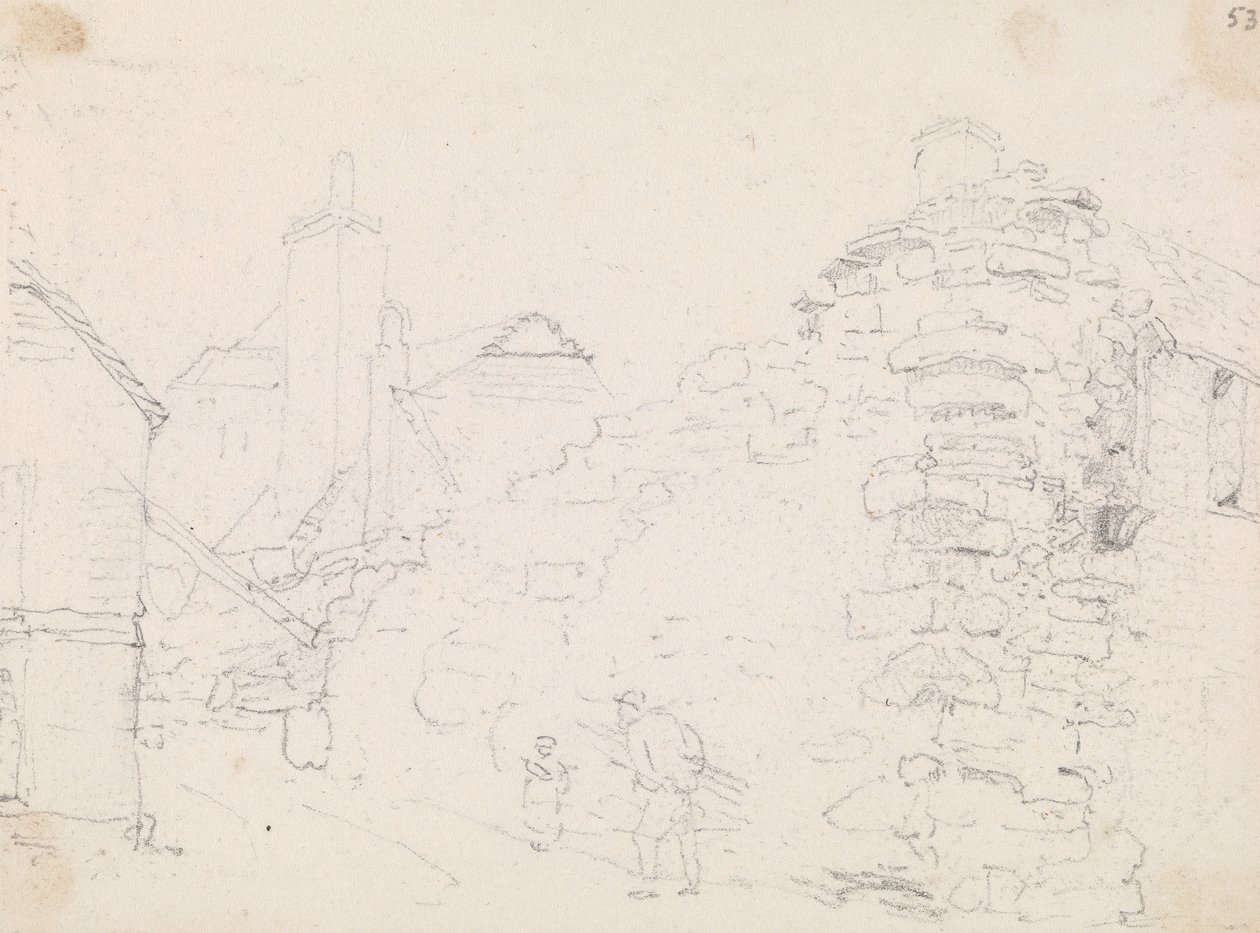Schets van stenen huisjes in een dorp door Capt. Thomas Hastings