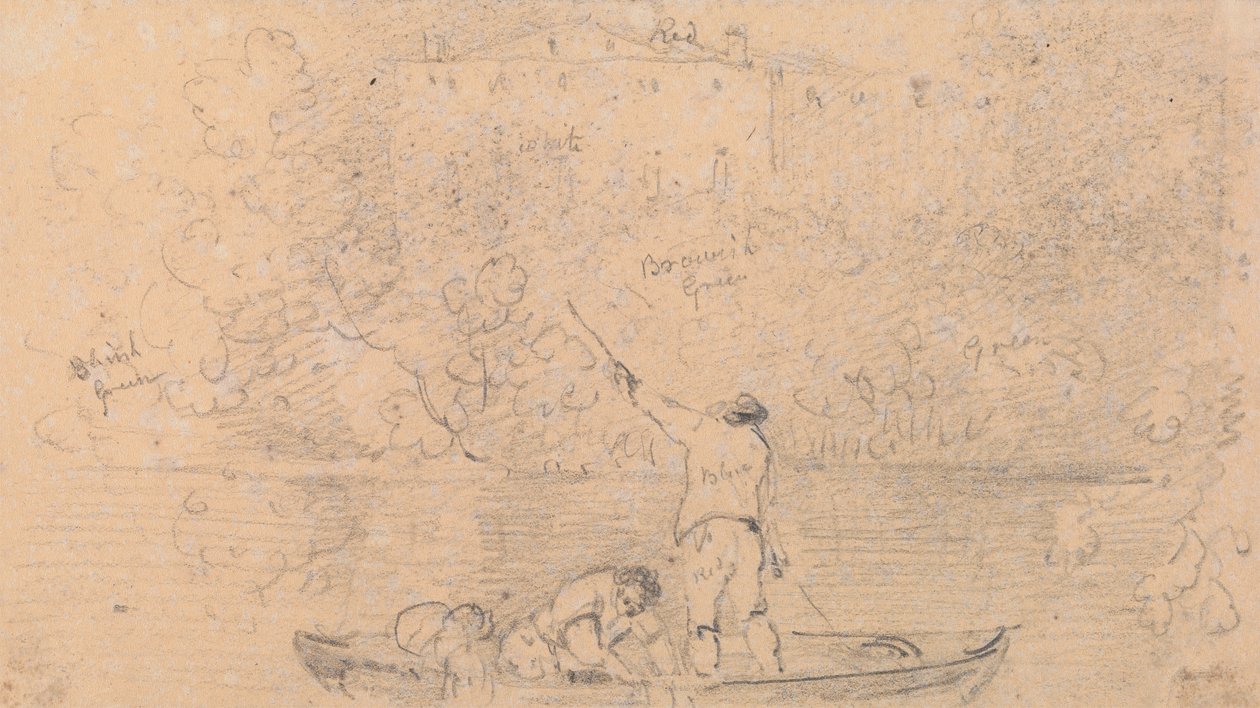 Schets van Twee Mannen in een Boot en een Huis aan de Oever door Capt. Thomas Hastings