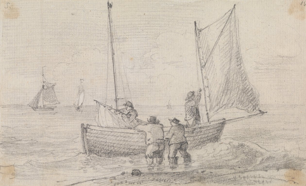 Schets van een Groep die de Zeilen Voorbereidt nabij de Kust, Hastings door Capt. Thomas Hastings