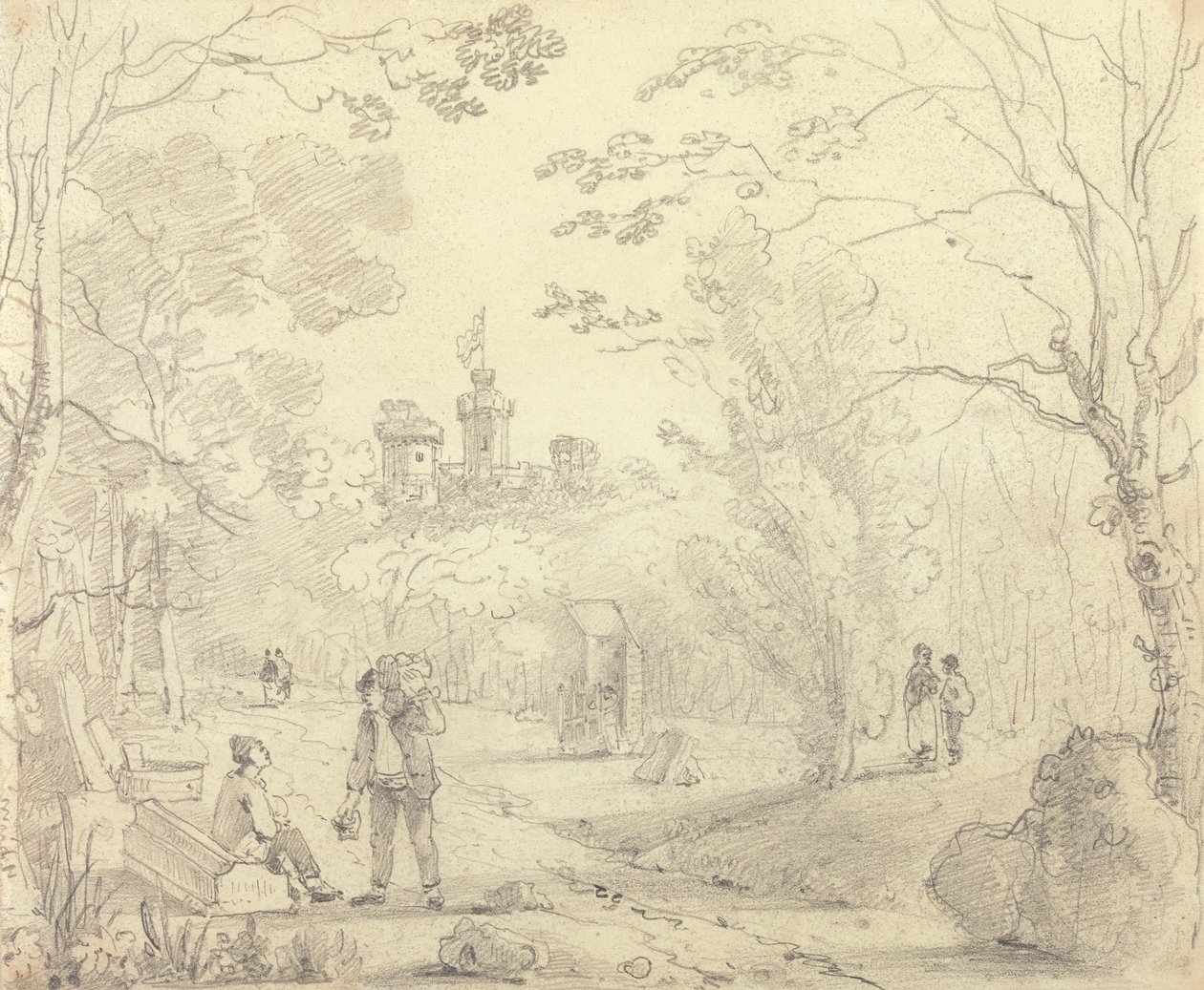 Schets van een Parkscène met East Cowes Castle in de Verte, Isle of Wight door Capt. Thomas Hastings