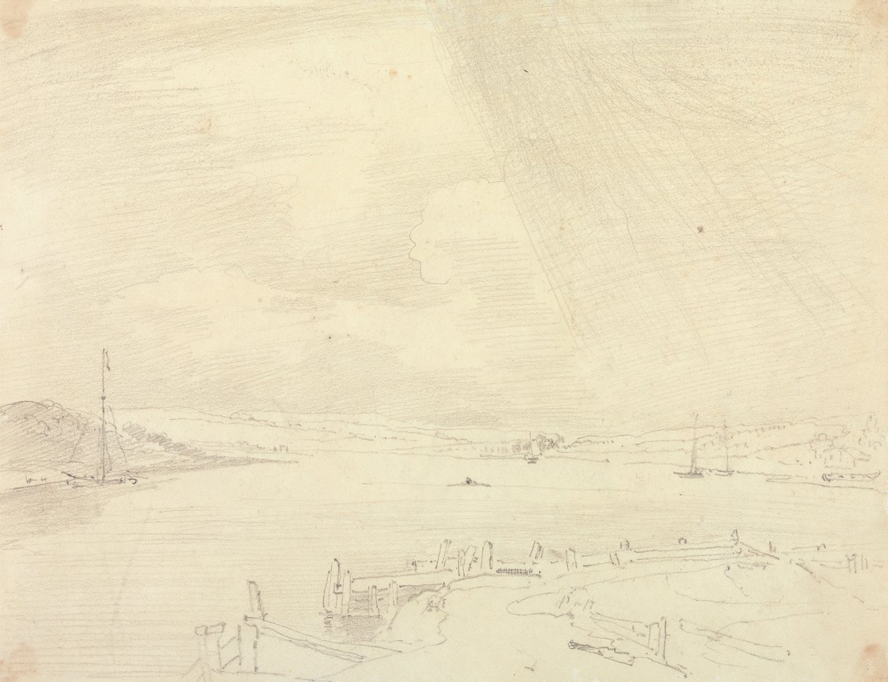 Schets van een landschap aan zee met pier op de voorgrond, Isle of Wight door Capt. Thomas Hastings