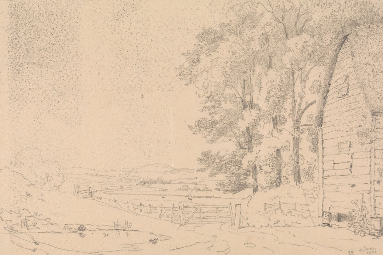 Schets van een gebouw met rieten dak en een rivier daarachter door Capt. Thomas Hastings