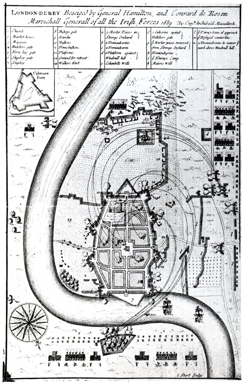 Londonderry belegerd door generaal Hamilton en Conrad de Rosen, gegraveerd door J. Sturt, 1689 door Captain Archibald Maculloch