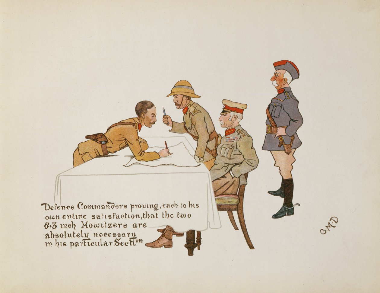 Verdedigingscommandanten bewijzen dat de twee 6.3 inch Howitzers absoluut noodzakelijk zijn in zijn specifieke sectie, uit The Leaguer of Ladysmith, 1900 door Captain Clive Dixon