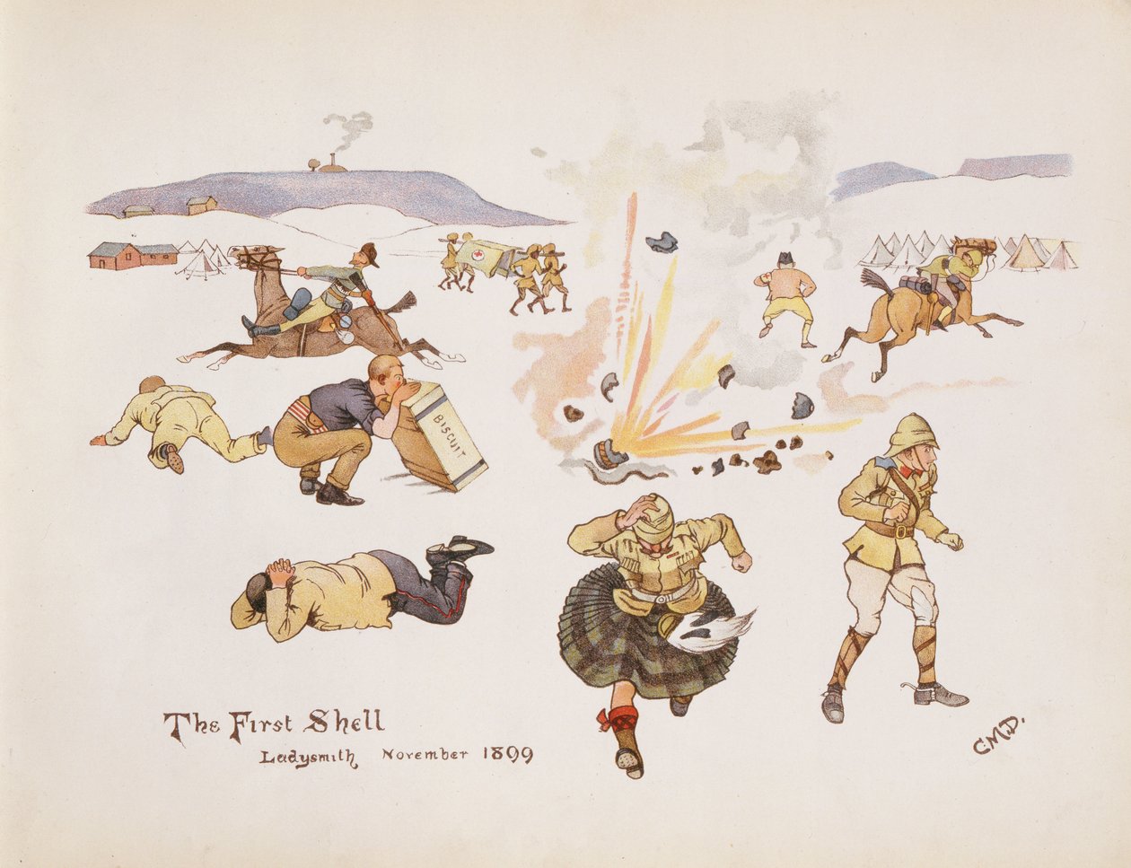 De Eerste Granaat, Ladysmith, 1899, uit The Leaguer of Ladysmith, 1900 door Captain Clive Dixon