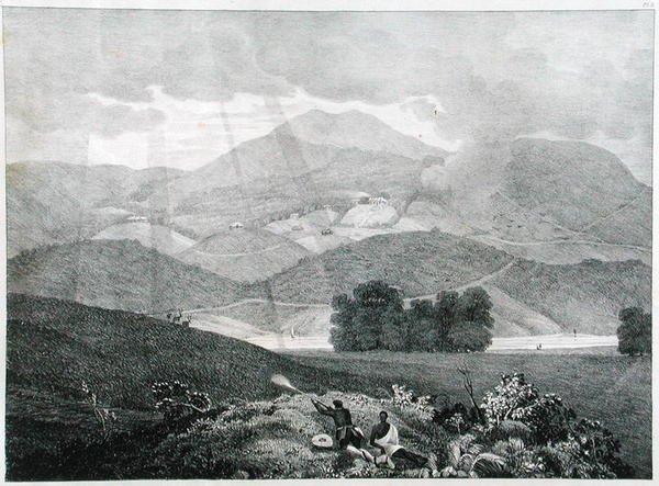 Uitzicht op een deel van het meer en huisjes in Ottacamund, Neelgherry Mountains, plaat 3 uit View of the Neilgherries, or Blue Mountains of Coimbetoor, Southern India door Captain McCurdy, gepubliceerd in 1830 door Captain E. A. after McCurdy