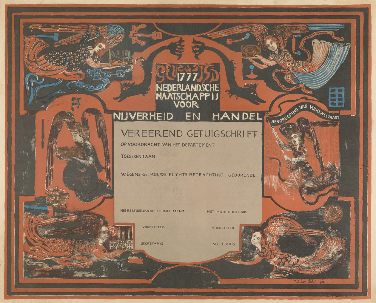 Getuigschrift van de Nederlandsche Maatschappij voor Nijverheid en Handel door Carel Adolph Lion Cachet