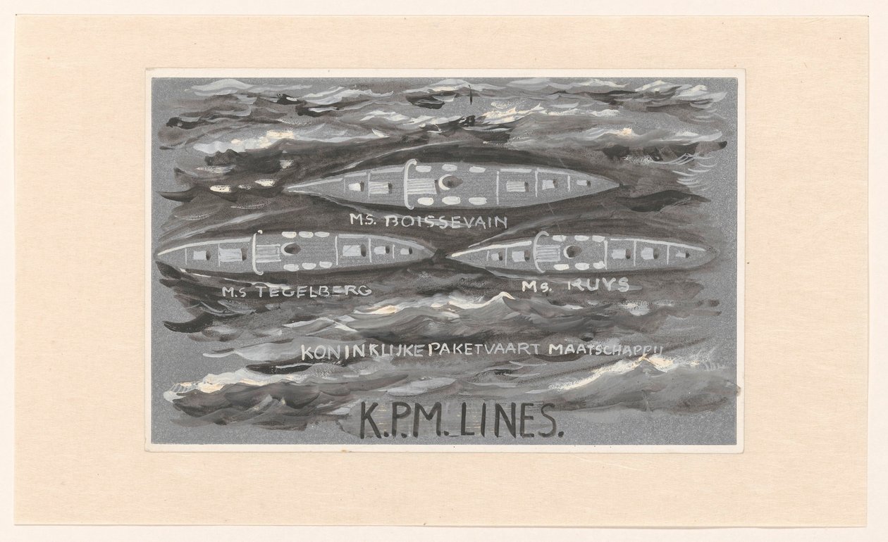 Ontwerp voor vignet van de Koninklijke Paketvaart Maatschappij, K.P.M. Lines door Carel Adolph Lion Cachet