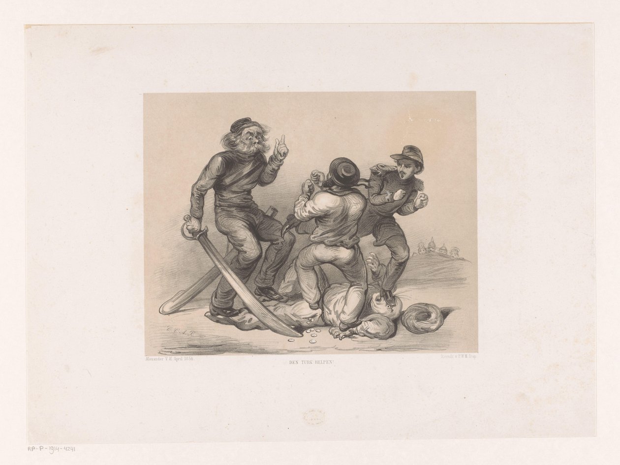 Drie mannen in gevecht vertrappen Turk door Carel Christiaan Antony Last