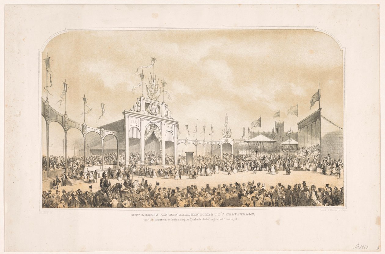 Koning Willem III legt de eerste steen voor het monument ter herinnering aan de bevrijding van de Fransen door Carel Christiaan Antony Last