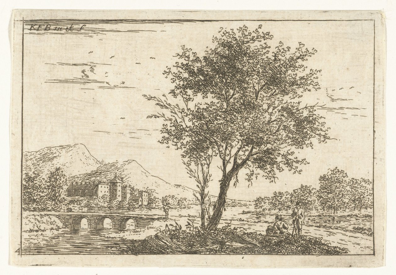 Heuvellandschap met kasteel aan rivier door Carel Frederik Bendorp (I)