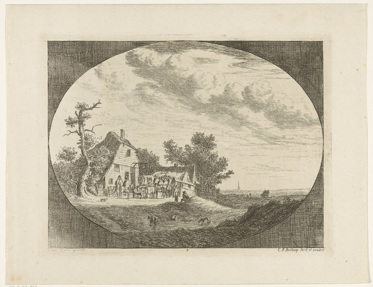 Landschap met herberg en rustende paarden en wagens en ruiters door Carel Frederik Bendorp (I)