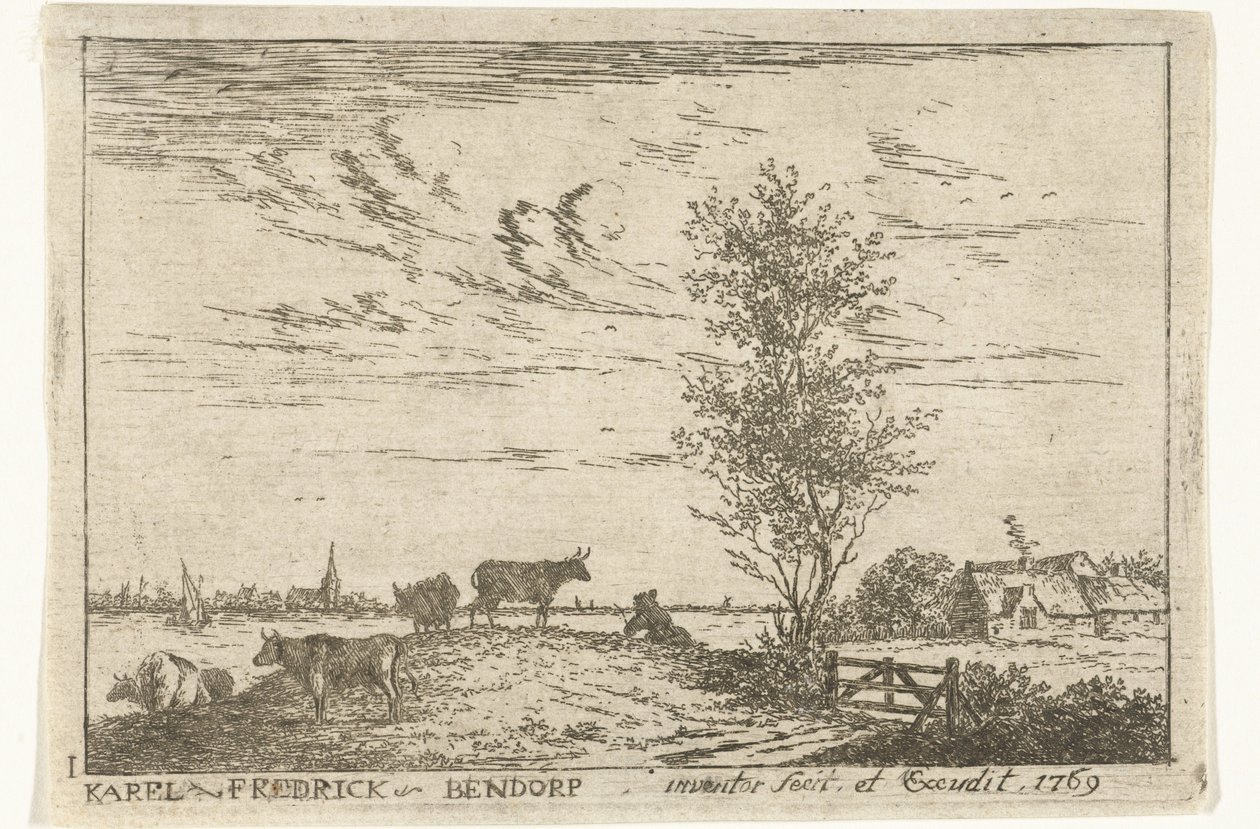 Titelprent met rivierlandschap met koeien door Carel Frederik Bendorp (I)