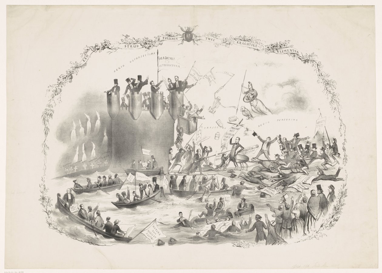 Spotprent op de plannen van Thorbecke om de Utrechtse Hogeschool op te heffen, 1863 door Carel Hendrik Thiebout