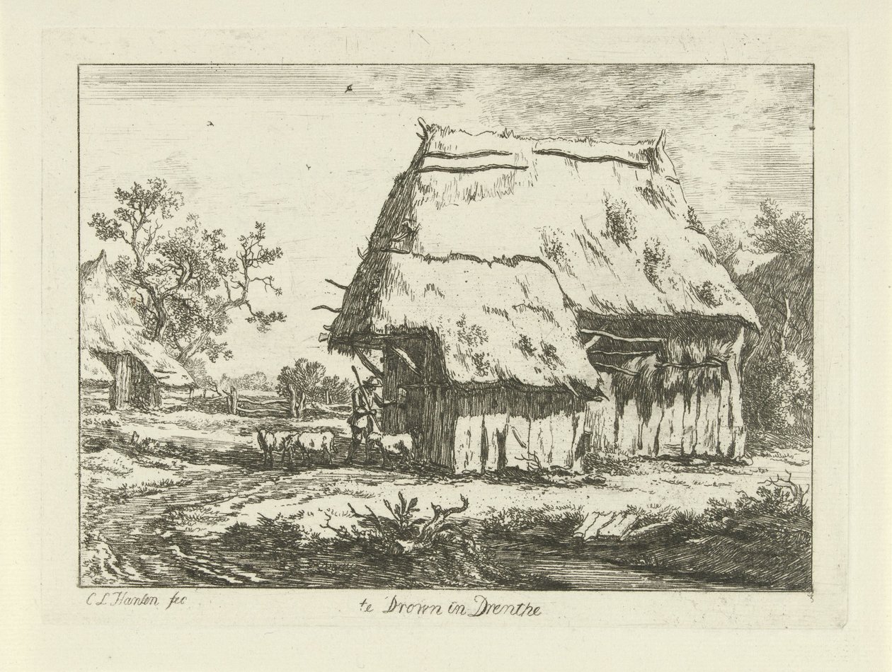 Herder bij een schaapskooi Te Drown in Drenthe Landschappen (1-6) door Carel Lodewijk Hansen