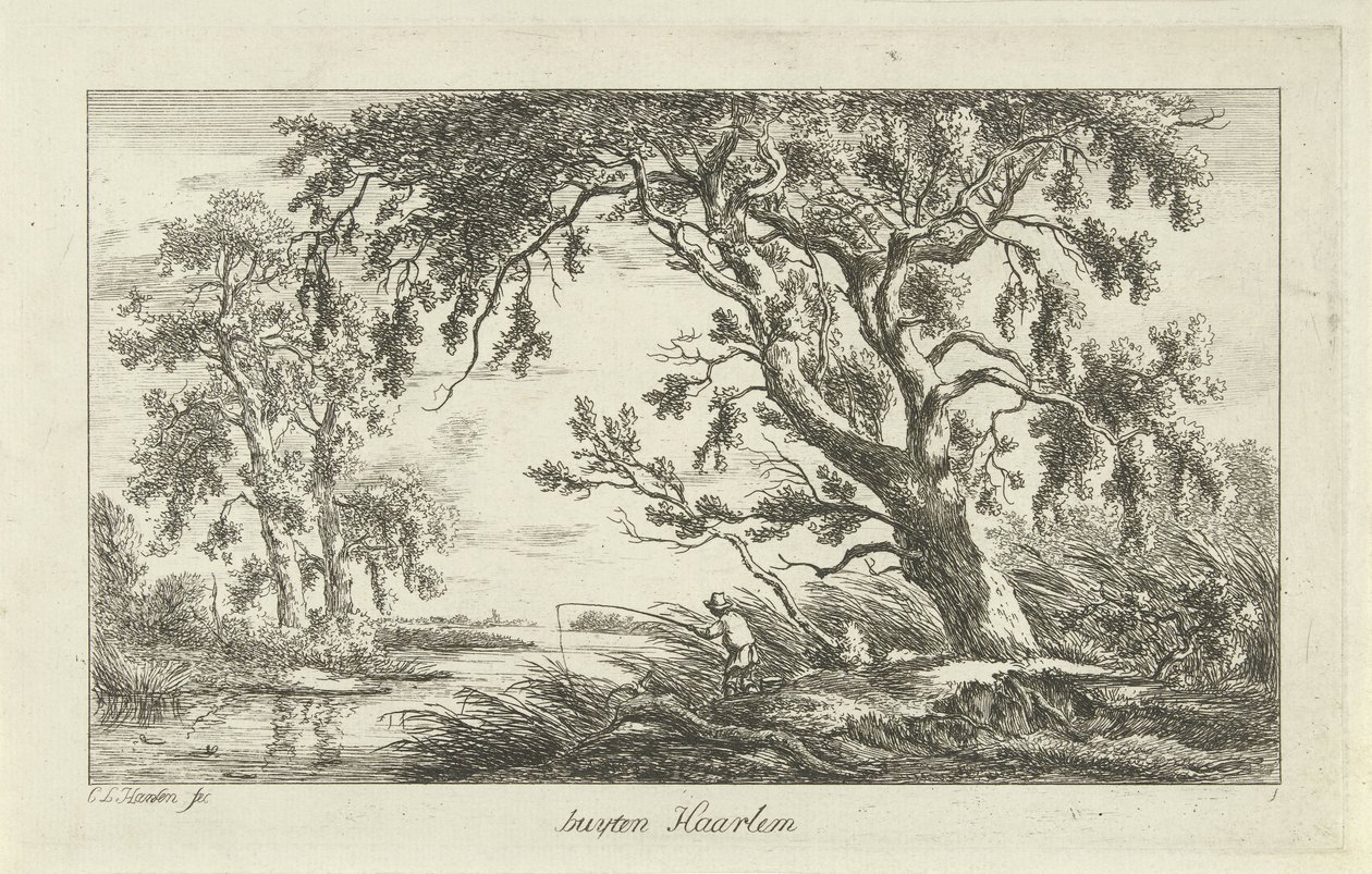 Visser in een rivierlandschap door Carel Lodewijk Hansen