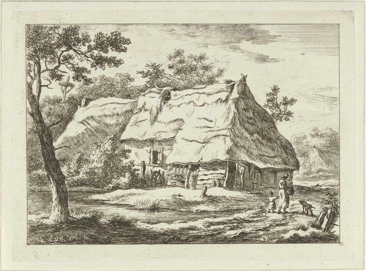 Vrouw met kind bij een boerderij door Carel Lodewijk Hansen