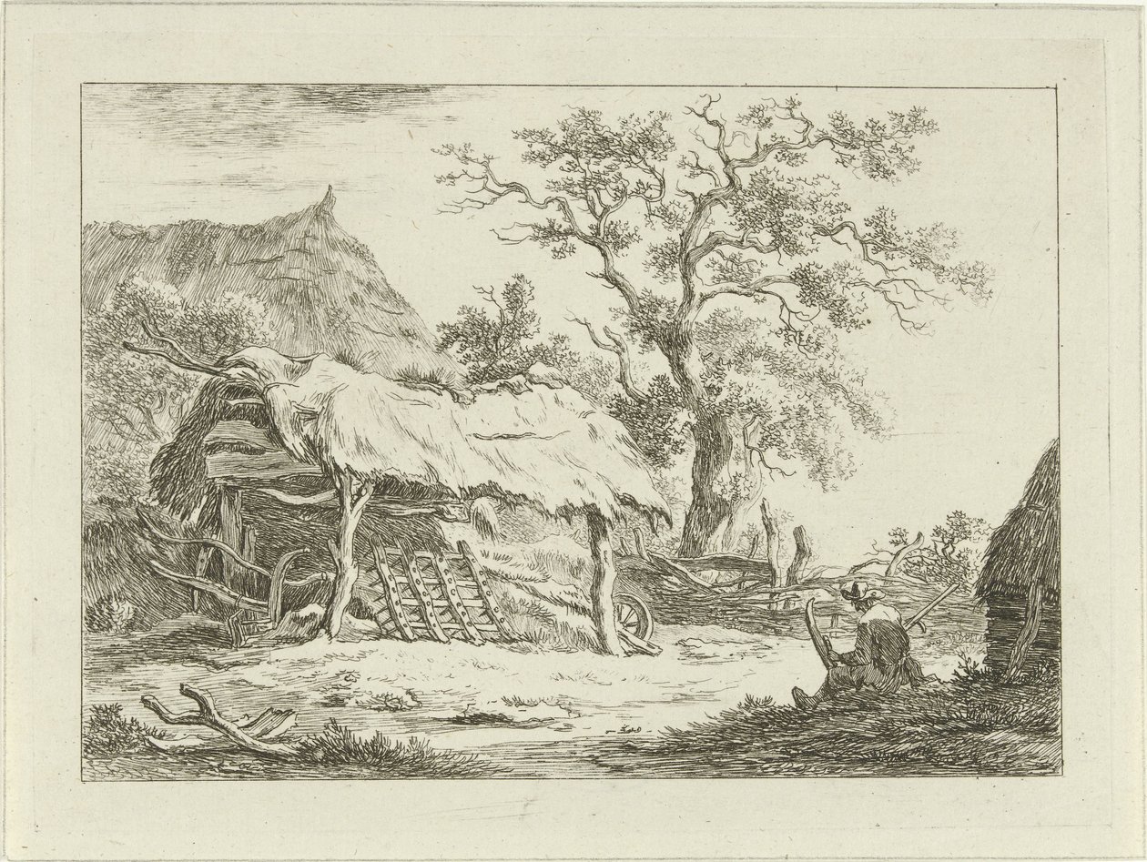 Zittende figuur bij een schuur door Carel Lodewijk Hansen