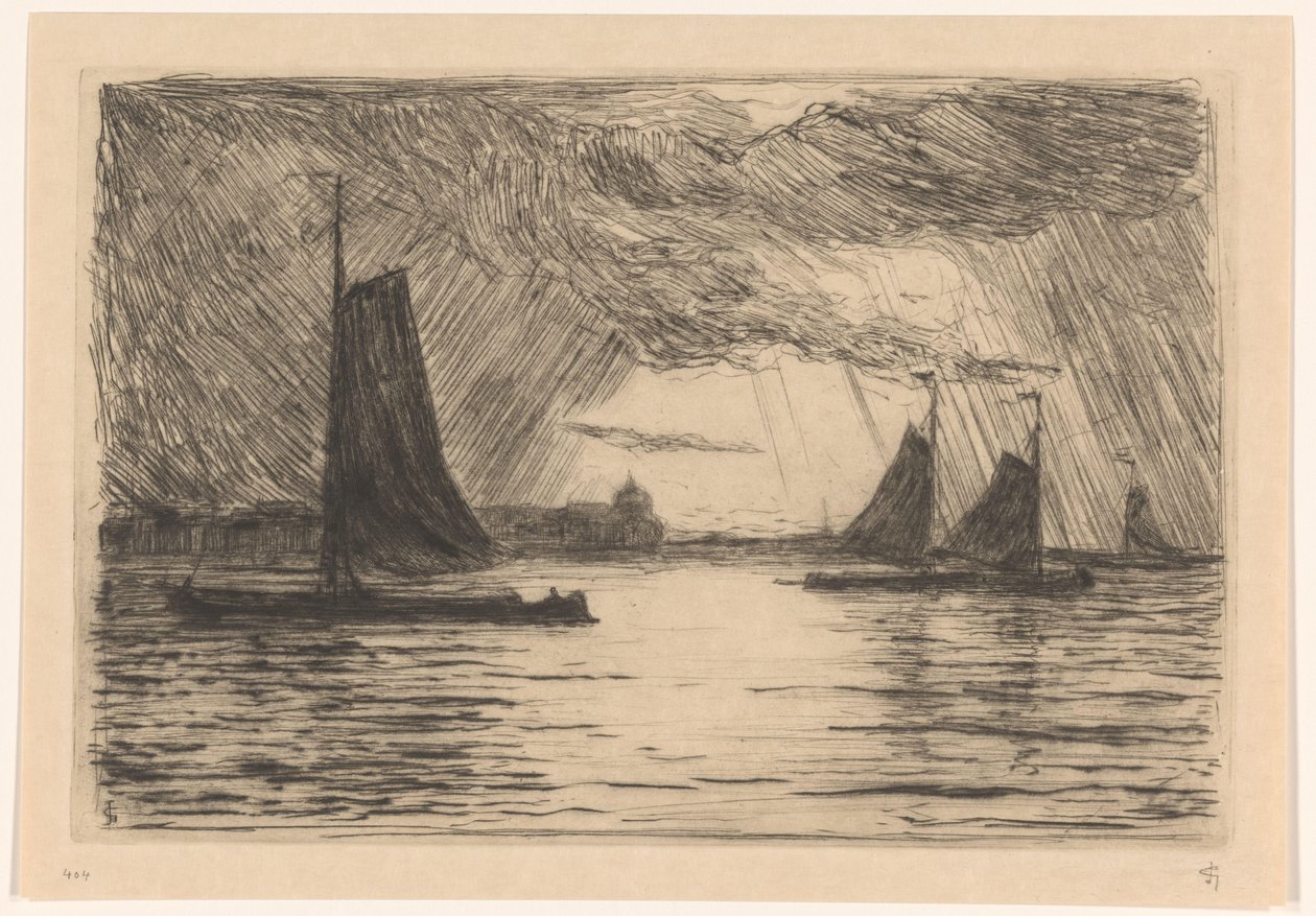 Gezicht op de Maas bij Dordrecht bij avond door Carel Nicolaas Storm van 