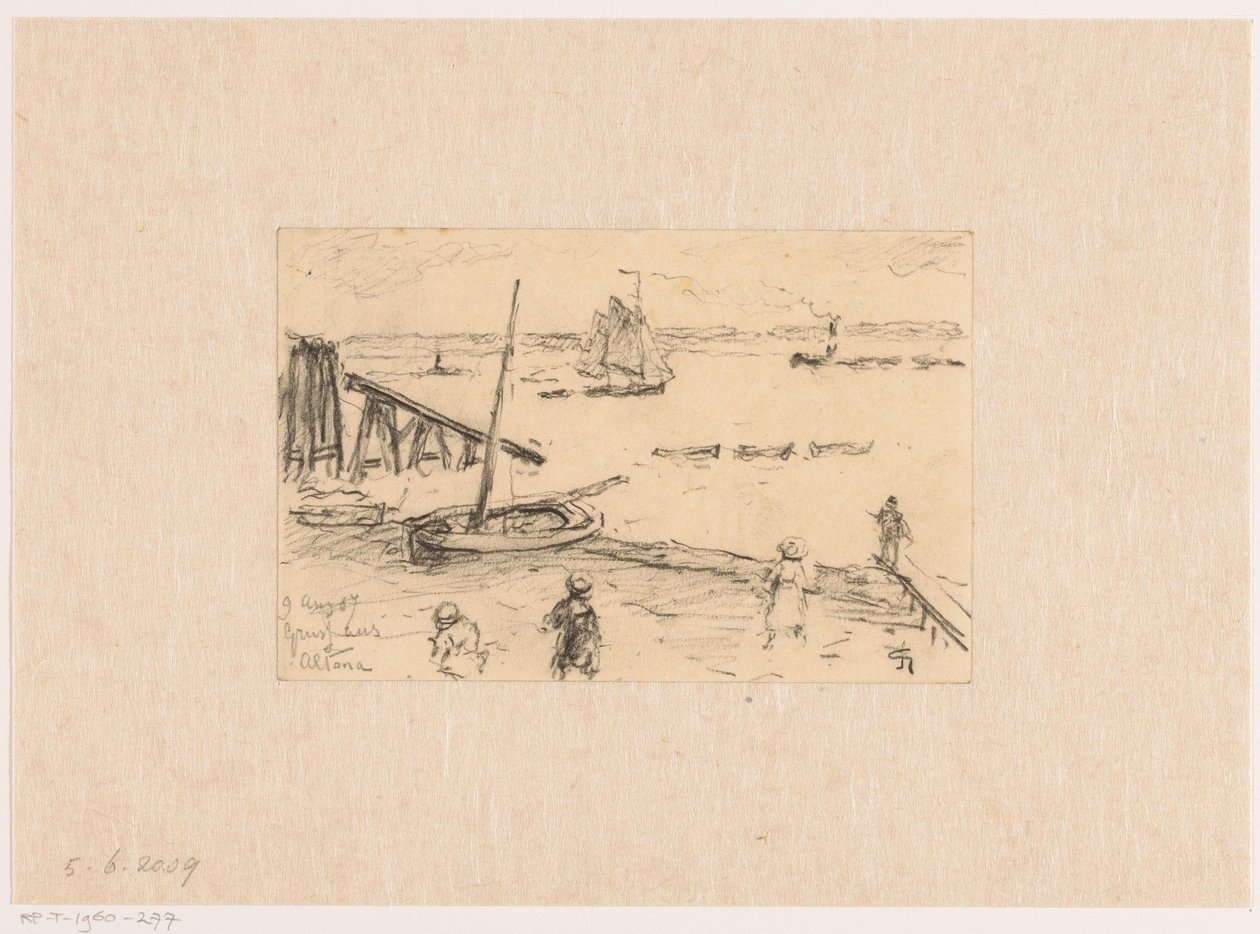 Gezicht op de Elbe bij Altona, met vissersschepen en badgasten door Carel Nicolaas Storm van 