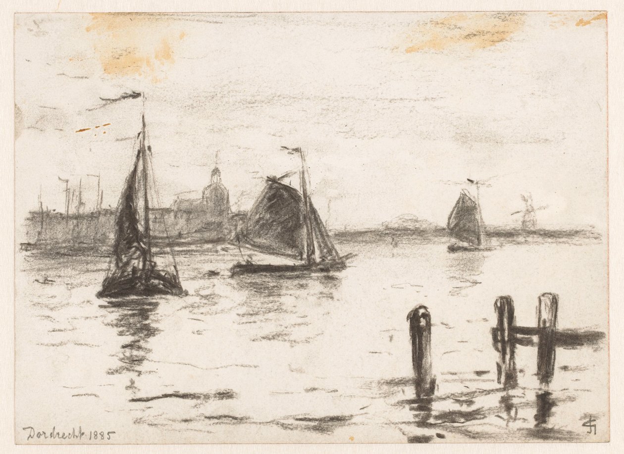 Vissersschepen op de Maas voor Dordrecht door Carel Nicolaas Storm van 