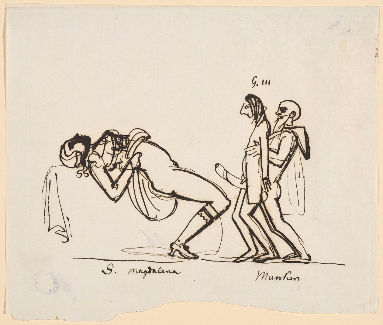 Karikatuur van de poging van Gustav III om een erfgenaam te produceren. Adolf Fredrick Munck helpt Gustav bij zijn eerste geslachtsgemeenschap met Sofia Magdalena (Carl August Ehrensvärd, ca. 1770s) door Carl August Ehrensvärd