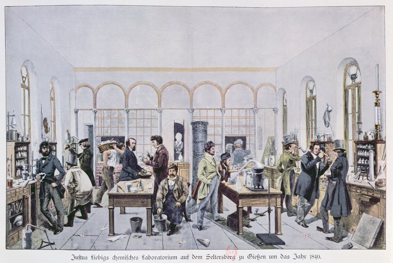 Uitzicht op het chemisch laboratorium van Baron Justus von Liebig rond 1840 in Giessen door Carl Friedrich Wilhelm Trautschold