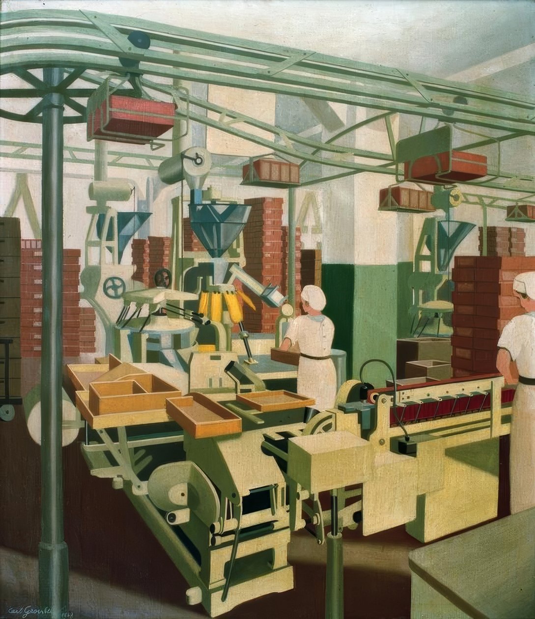 Machinekamer met twee meisjes aan het werk door Carl Grossberg