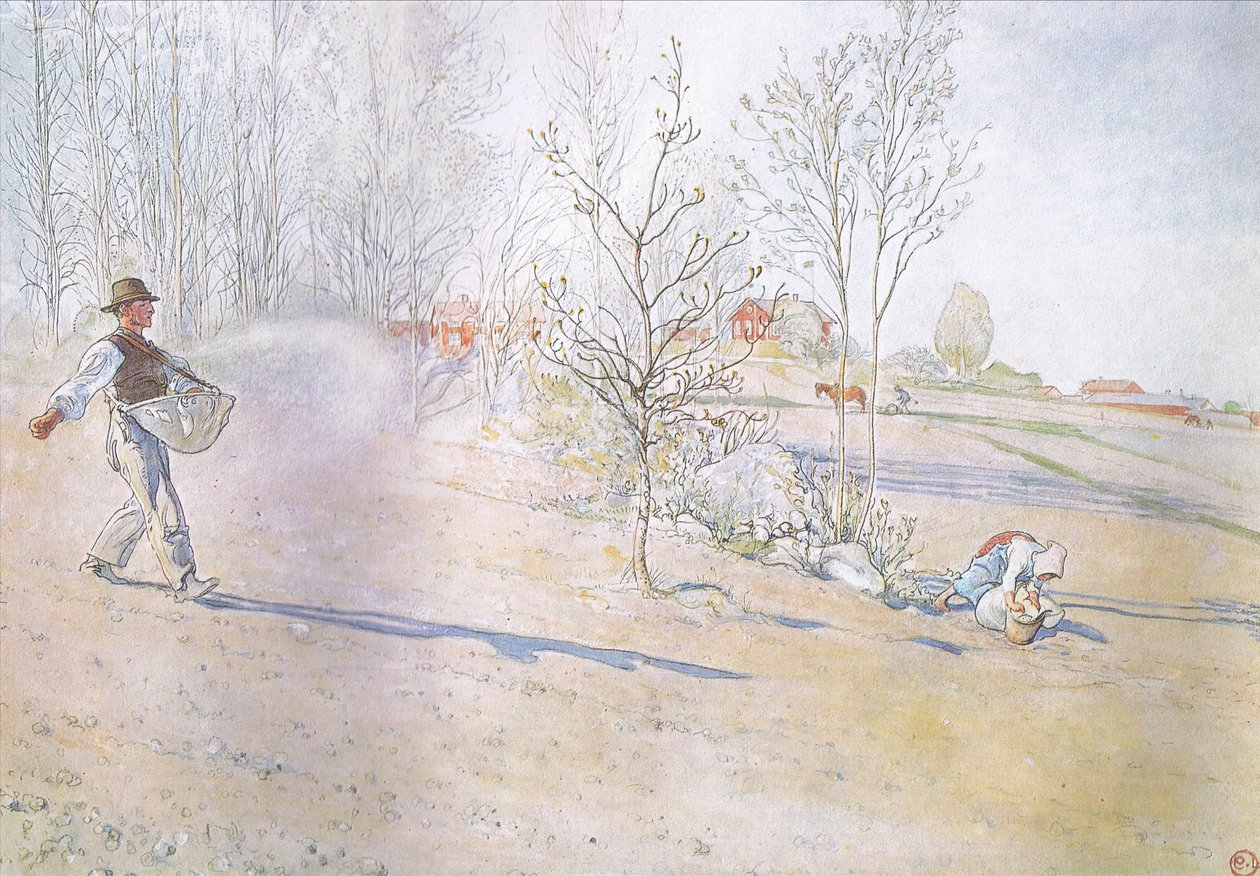 Johan droeg de haver in een grote open zak vastgemaakt met riemen door Carl Larsson