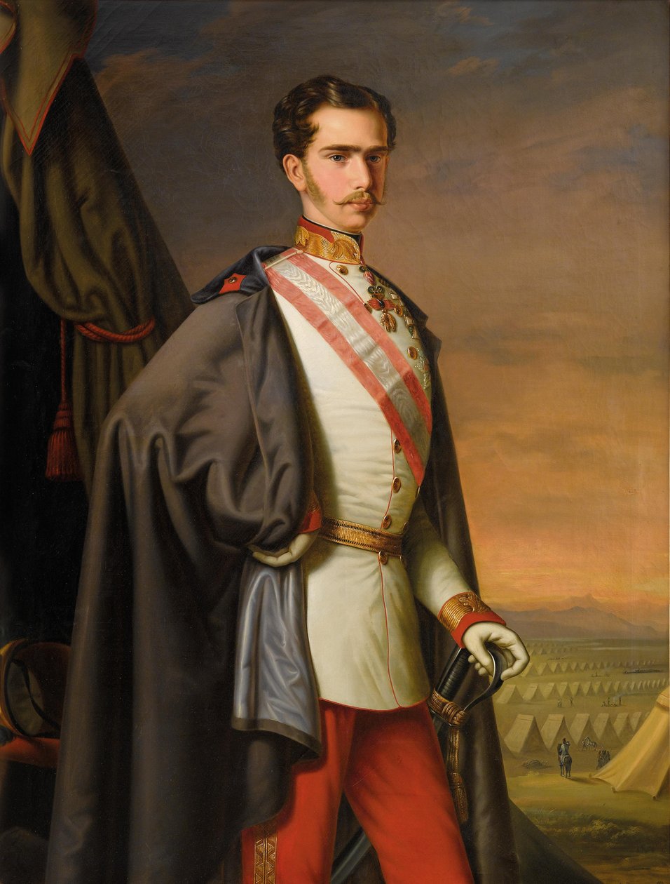 Keizer Franz Joseph van Oostenrijk in Uniform als Veldmaarschalk, met een Kamp op de Achtergrond door Carl Lemmermayer