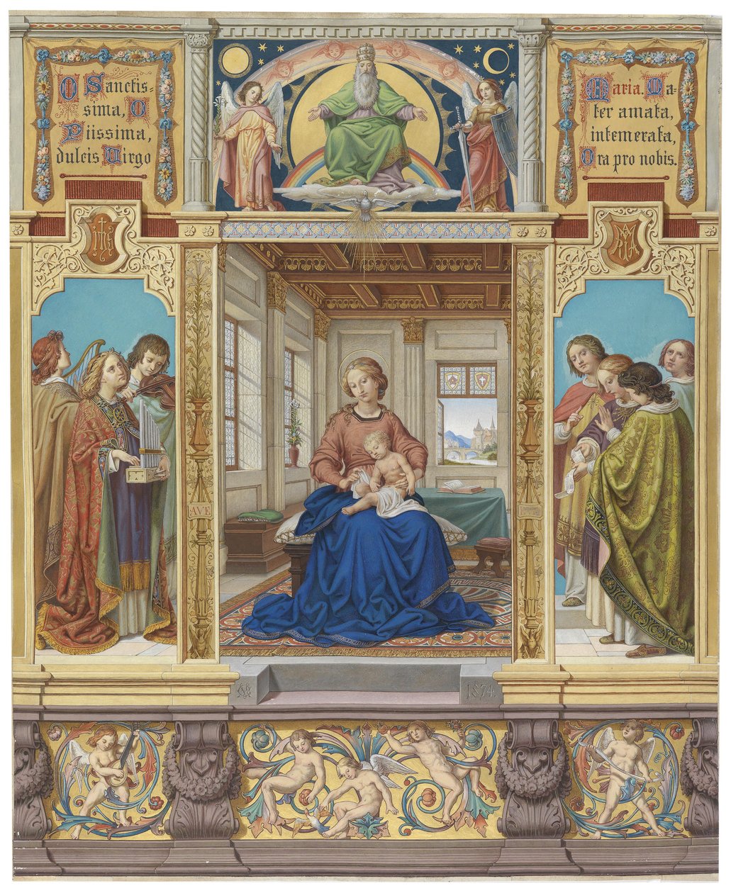 De Maagd Maria, moeder van Jezus, zittend in een kamer, omringd door musicerende engelen door Carl Mayer