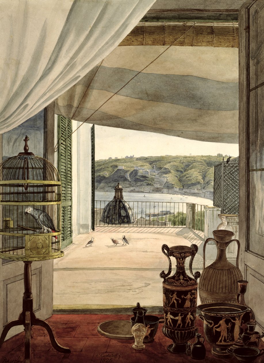 Uitzicht vanuit een kamer met een balkon over de Golf van Napels, 1826 door Carl Wilhelm Goetzloff