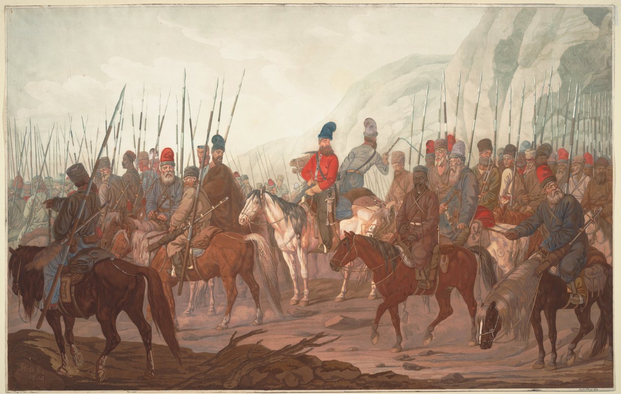 Mars van Oeral Kozakken door Bohemen in juli 1799, 1800 door Carl Adolph Heinrich Hess