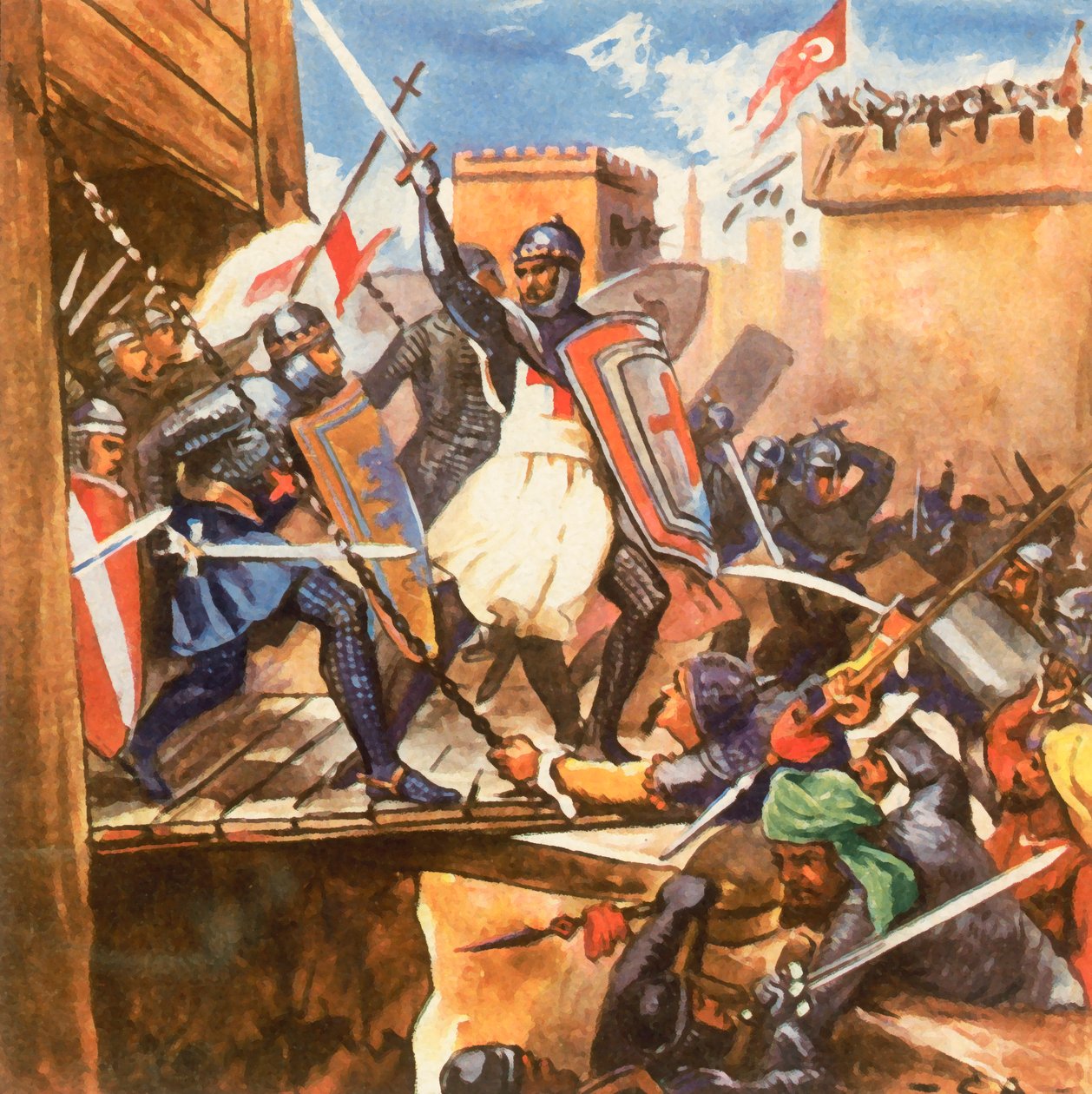 De aanval van de kruisvaarders op Akko (kleurenlitho) door Carl Arriens