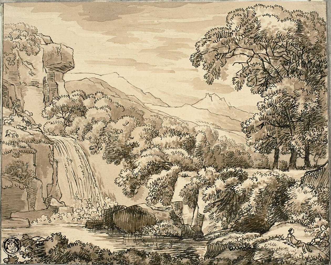 Berglandschap met waterval en figuren door Carl August Lebschee