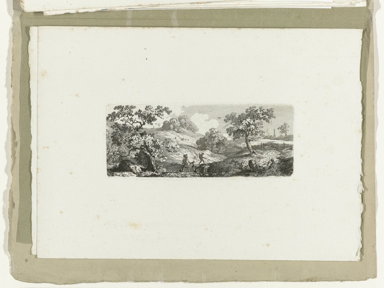 Reizigers bij een beek in heuvelachtig landschap door Carl August Lebschee