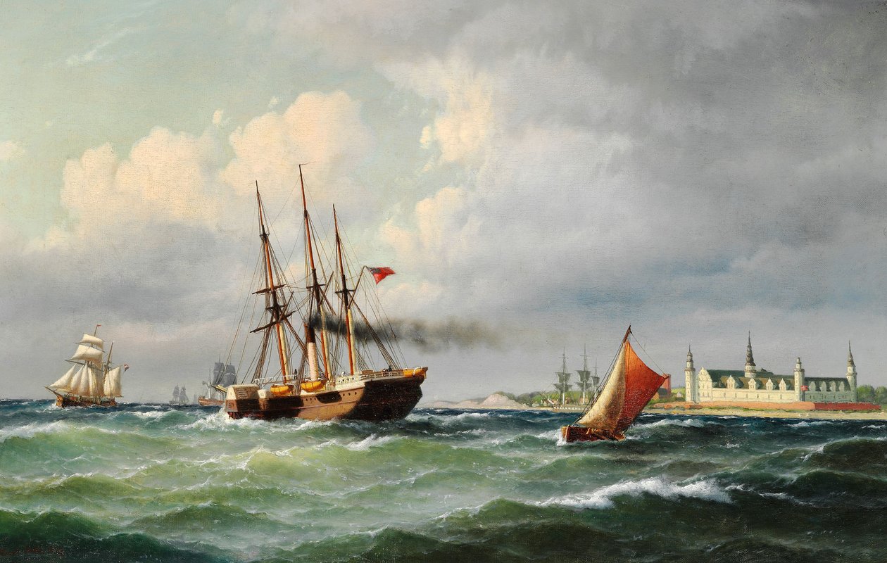 Deens: Zeegezicht bij Kronborg met talrijke schepen en een loodsboot Zeegezicht bij Kronborg met talrijke schepen en een loodsboot door Carl Bille