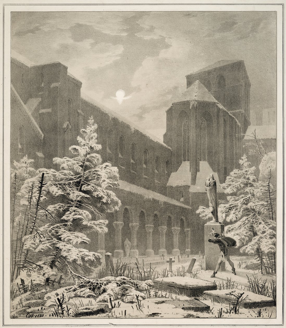 Kerk en kerkhof in de sneeuw bij maanlicht door Carl Blechen