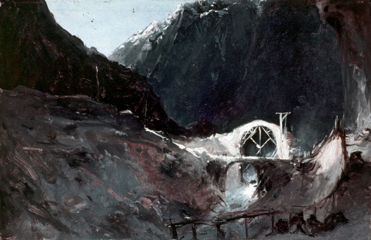 Duits: Bau der Teufelsbrücke Bouwen van de duivelsbrug door Carl Blechen