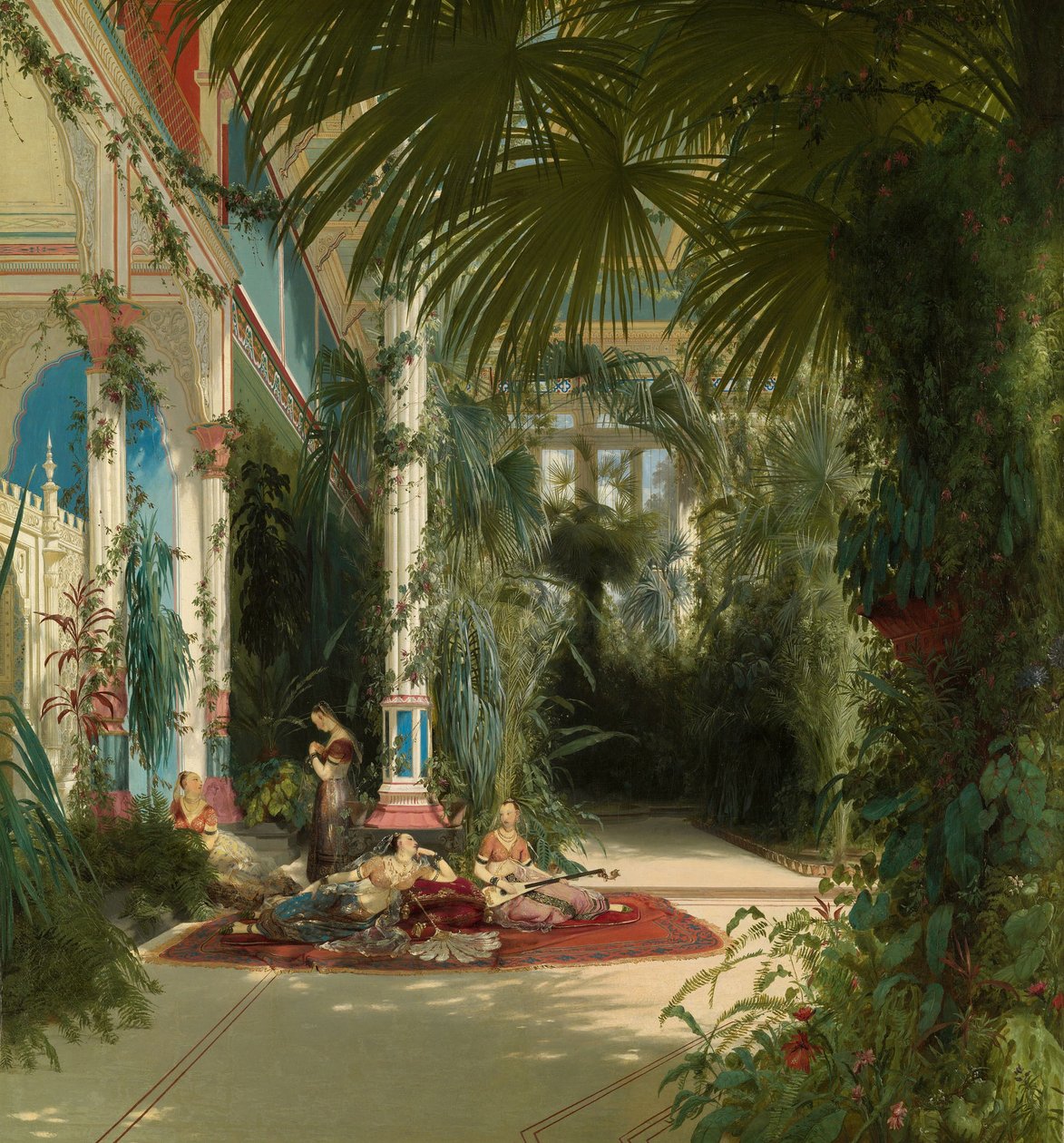 Duits: Das Innere des Palmenhauses auf der Pfaueninsel bei Potsdam Het interieur van het Palmhuis aan het Pfaueninsel bij Potsdam door Carl Blechen
