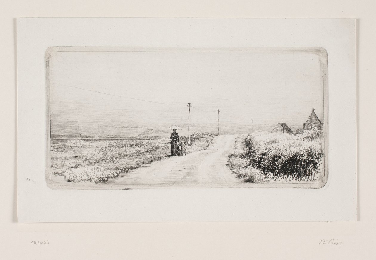 Landweg met wandelende dame. Zonnige namiddag door Carl Bloch