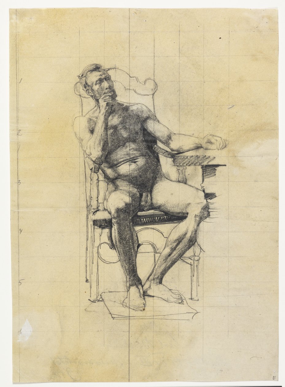Mannelijk model. Studie voor het beeld van Frederik III op het universiteitsbeeld 1887-89 door Carl Bloch