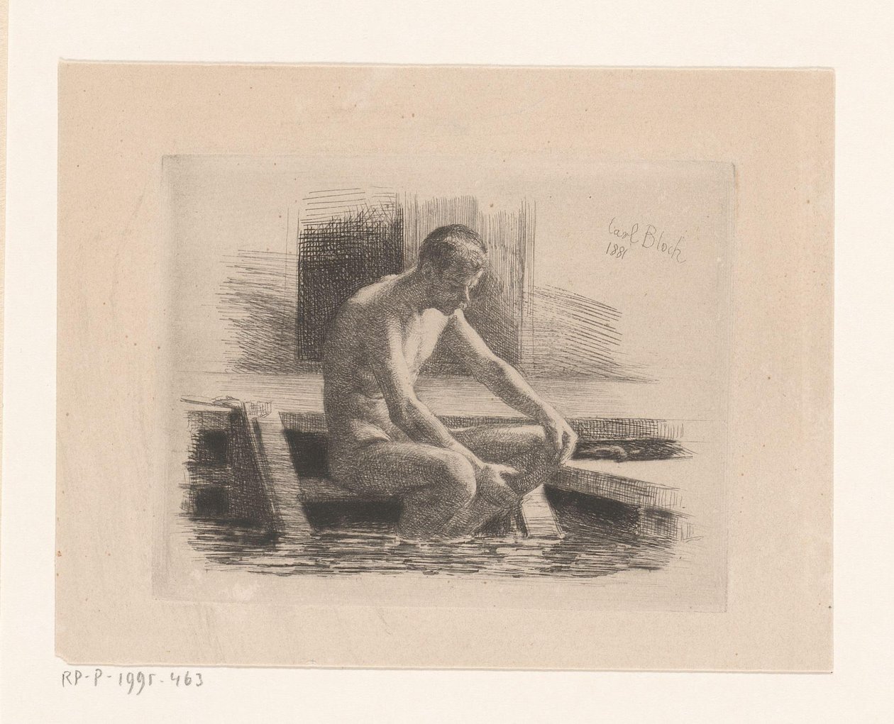 Naakte man, zittend op een trapje aan water door Carl Bloch