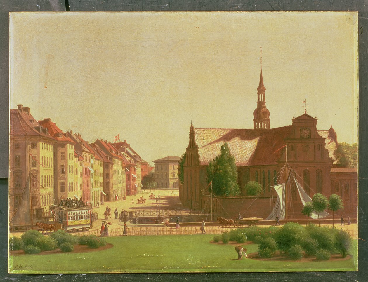Het Paleisplein en Holmens Kirke, vanuit een raam in Christiansborg Kasteel, Kopenhagen, 1866 door Carl Christian Constantin Hansen