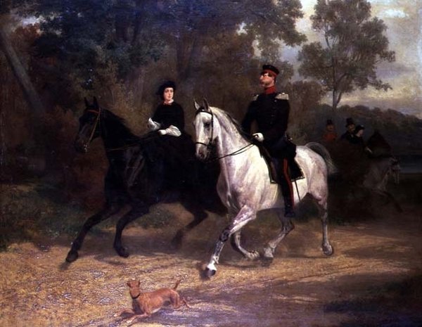 Een Dame en een Officier, mogelijk Kroonprins en Prinses van Pruisen, rijdend in een park door Carl Constantin Steffeck
